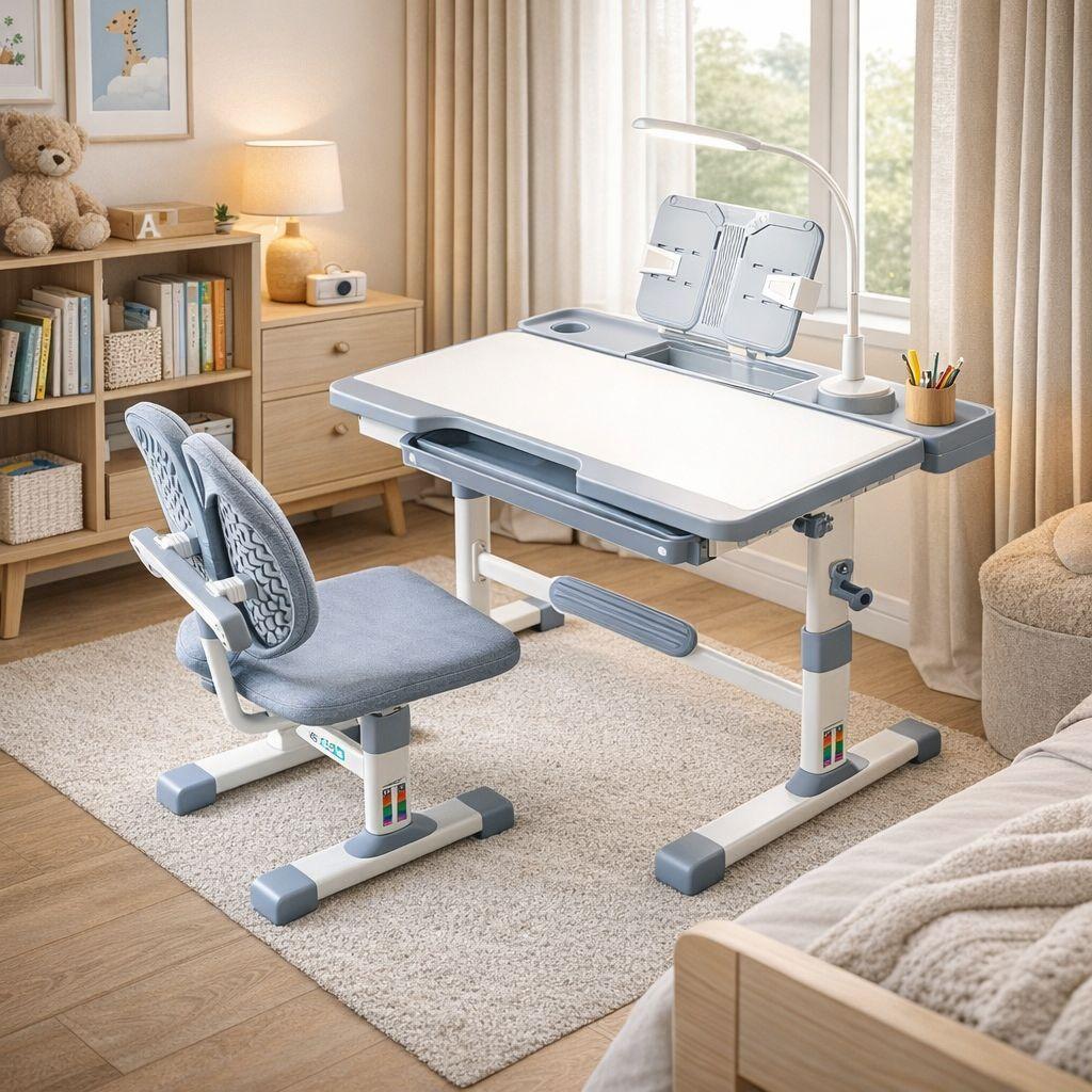 Escritorio Infantil Gris Con Silla Ergonomica Ajustable-4