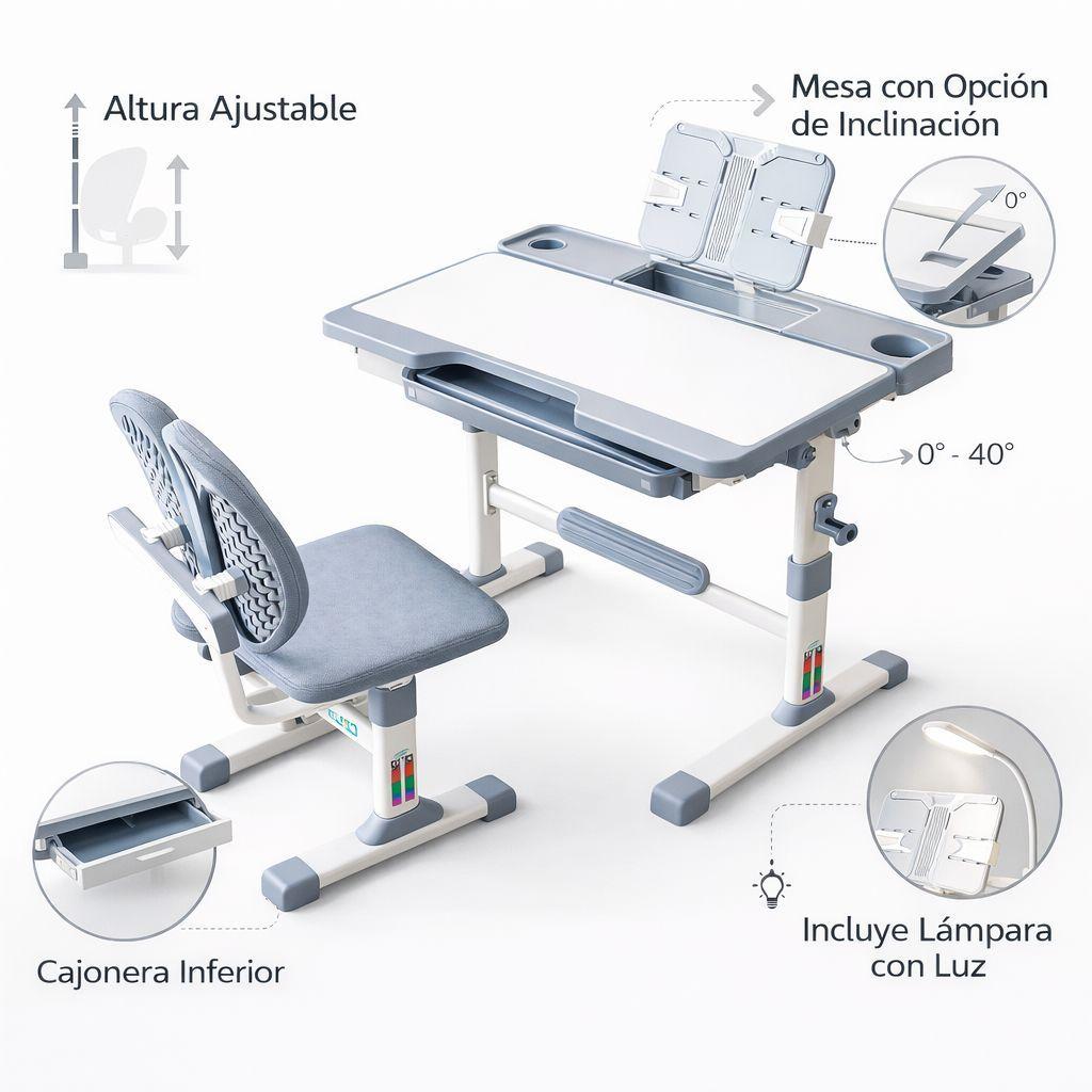 Escritorio Infantil Gris Con Silla Ergonomica Ajustable-6