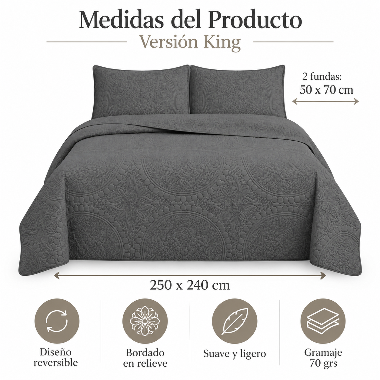 Cubrecama Verano Quilt Wonder King 250x240 Cm Reversible 2 Fundas Gris-1