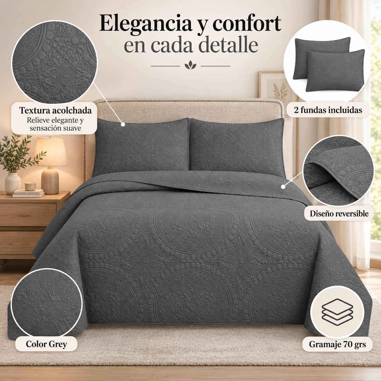 Cubrecama Verano Quilt Wonder King 250x240 Cm Reversible 2 Fundas Gris-2