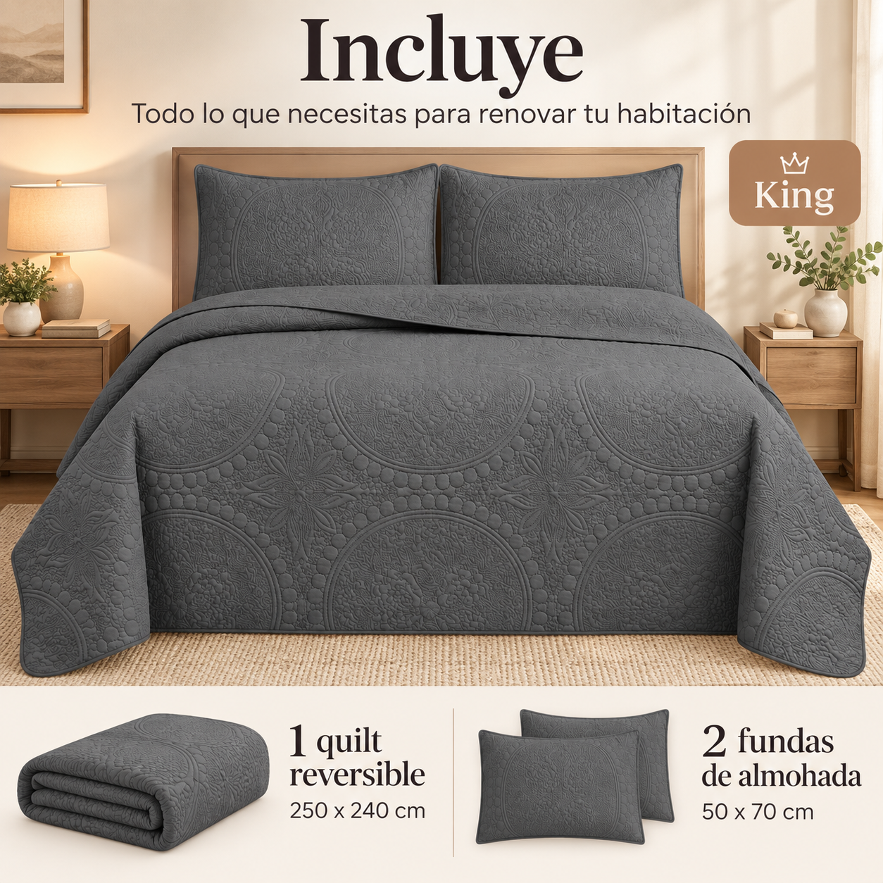 Cubrecama Verano Quilt Wonder King 250x240 Cm Reversible 2 Fundas Gris-4