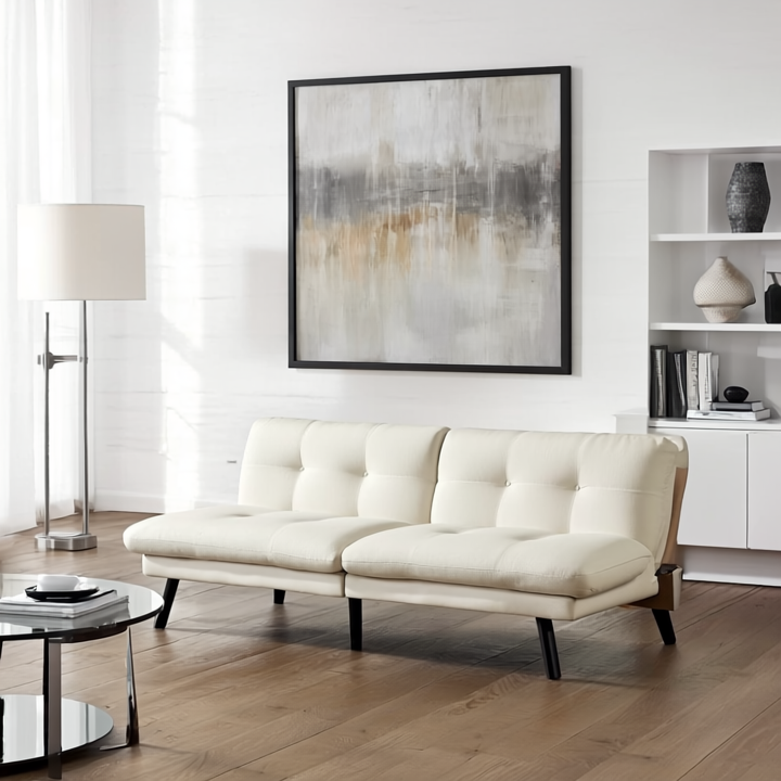 Sofá Cama Nórdico Crema Acolchado Confortable Madera Solida Liso Crema-0