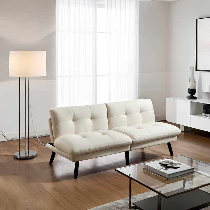 Sofá Cama Nórdico Crema Acolchado Confortable Madera Solida Liso Crema-1