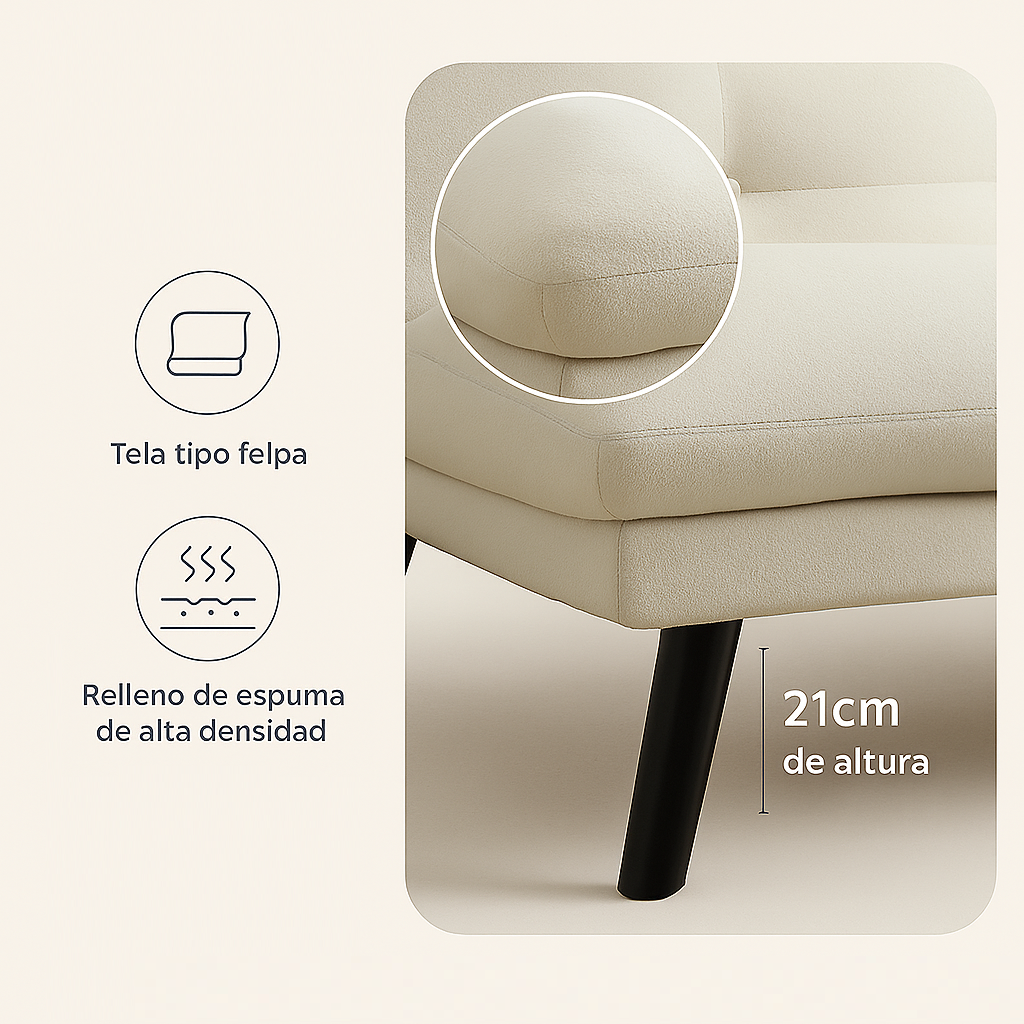 Sofá Cama Nórdico Crema Acolchado Confortable Madera Solida Liso Crema-3