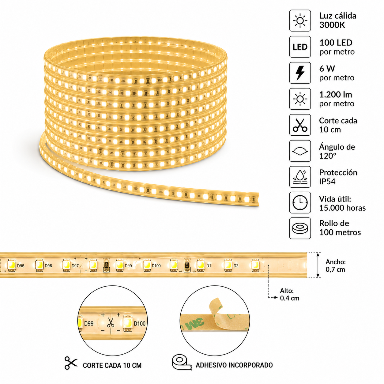 Cinta LED Cálida 3000K SMD 2835 Rollo 100 m con Adhesivo-5
