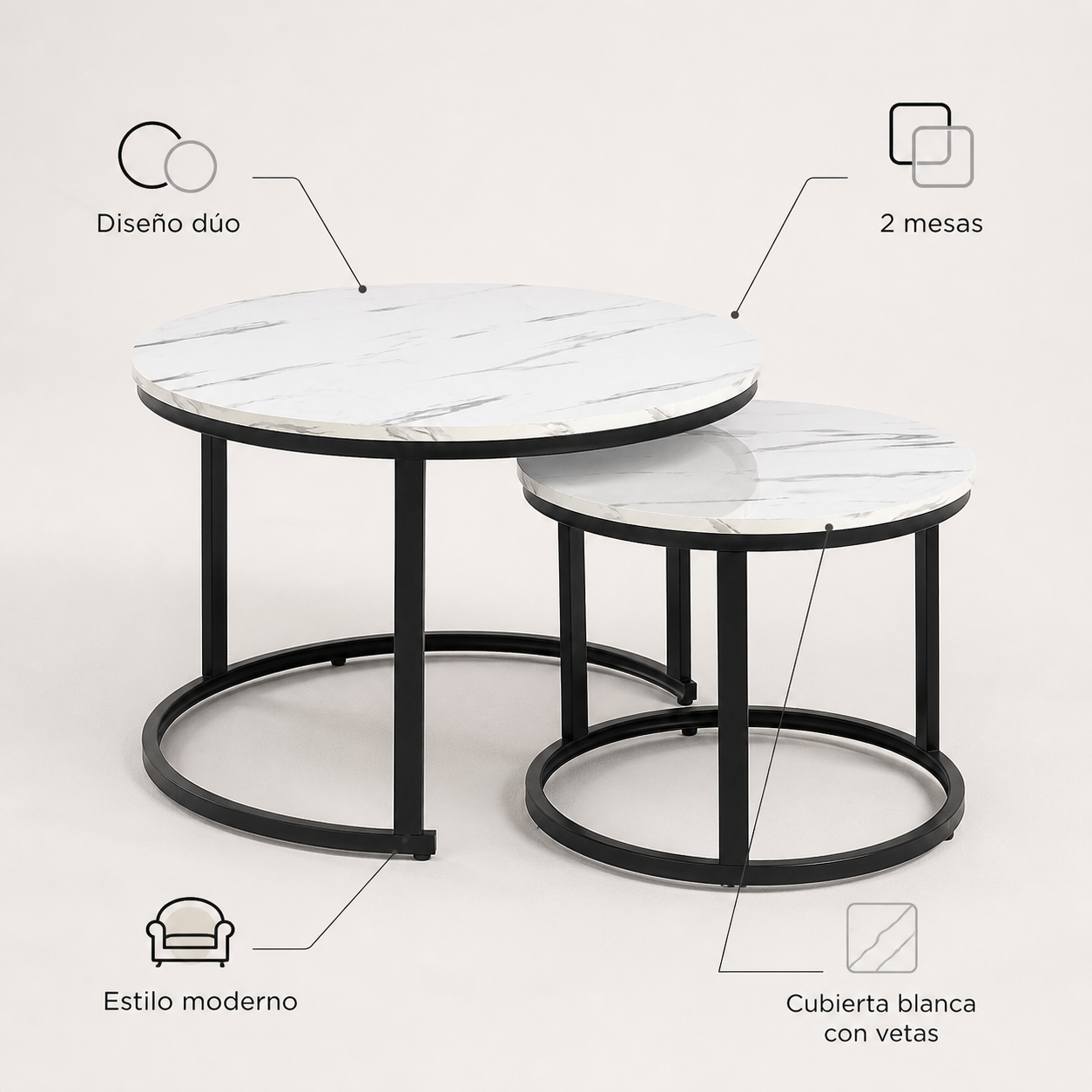 Mesa De Centro 2 Piezas Blanco Y Negro Para Living Moderno-5