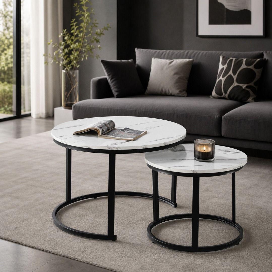 Mesa De Centro 2 Piezas Blanco Y Negro Para Living Moderno-7