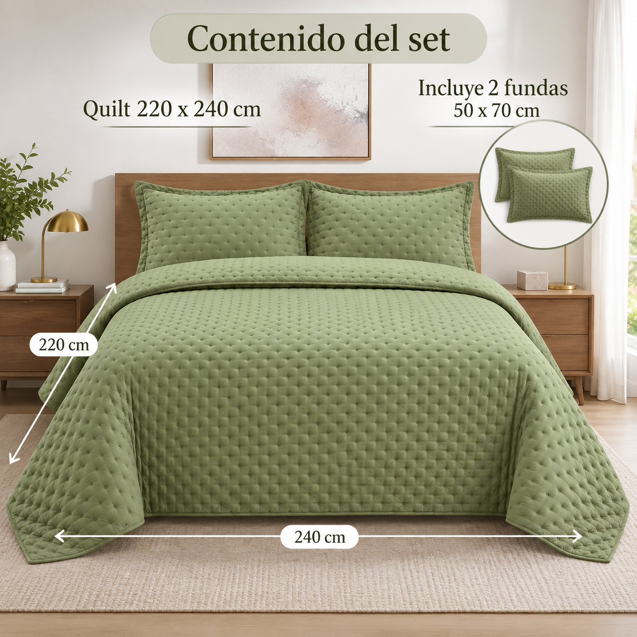 Cubrecama Verano Quilt Deluxe Queen 220x240 Cm Reversible 2 Fundas Oliva-1