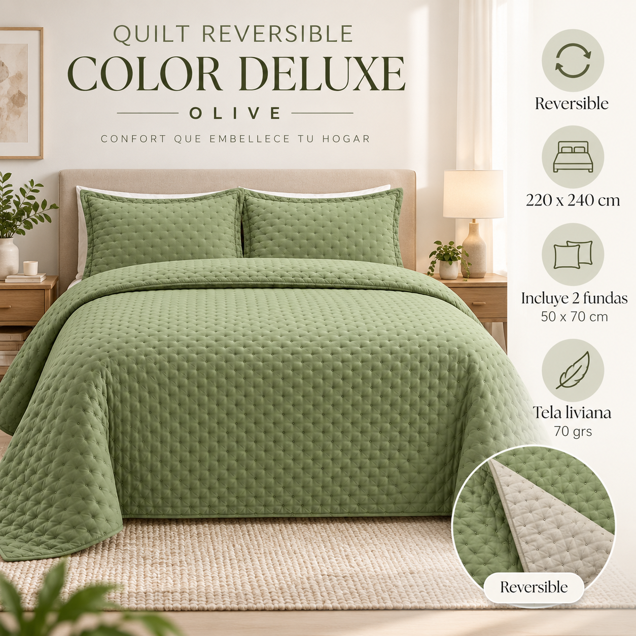 Cubrecama Verano Quilt Deluxe Queen 220x240 Cm Reversible 2 Fundas Oliva-4