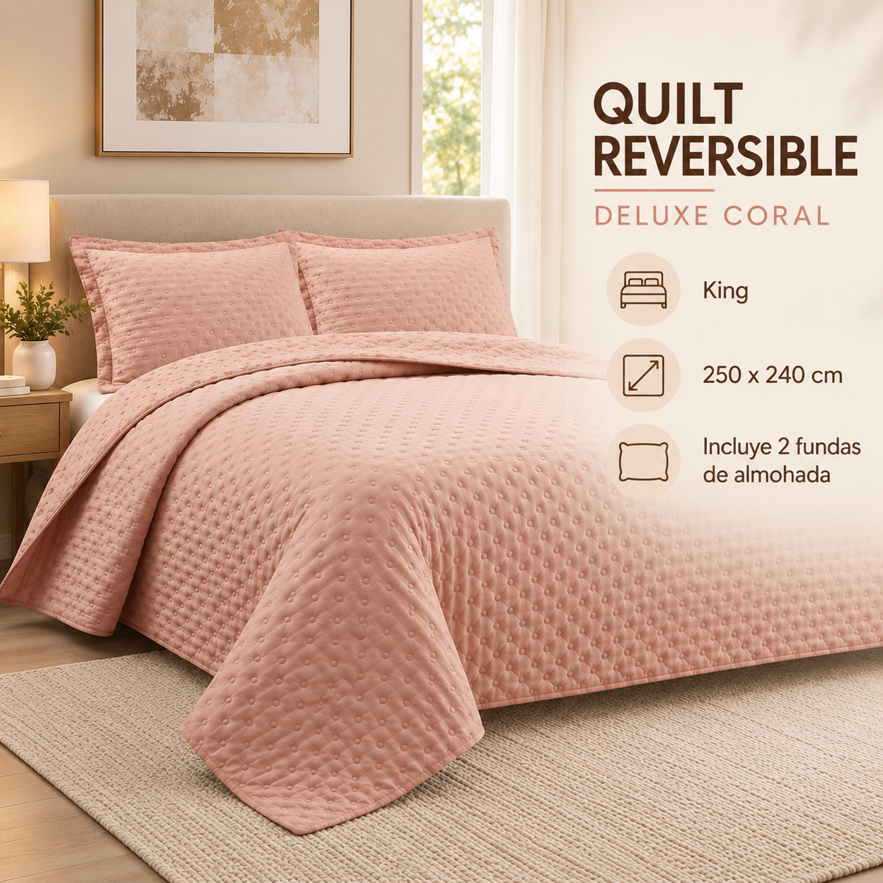 Cubrecama Verano Quilt Deluxe King 250x240 Cm Reversible 2 Fundas Coral-1