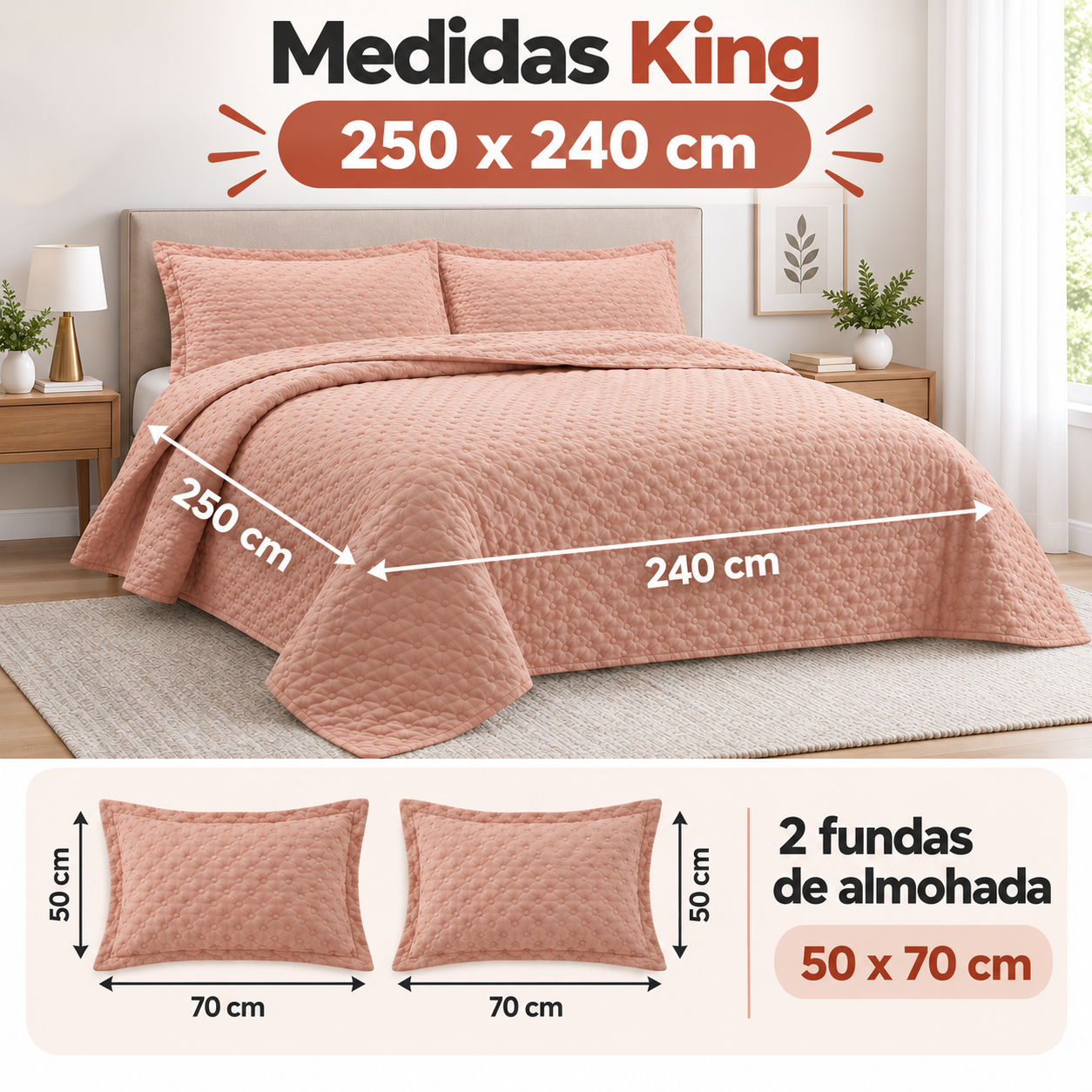 Cubrecama Verano Quilt Deluxe King 250x240 Cm Reversible 2 Fundas Coral-2