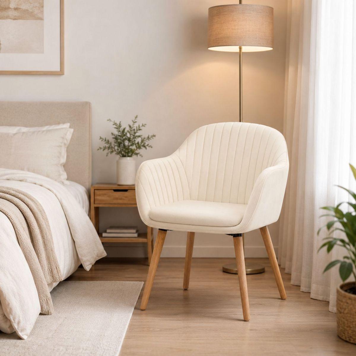 Poltrona Diamante Crema de Terciopelo con Patas de Madera, Elegante, Compacta y Cómoda-4