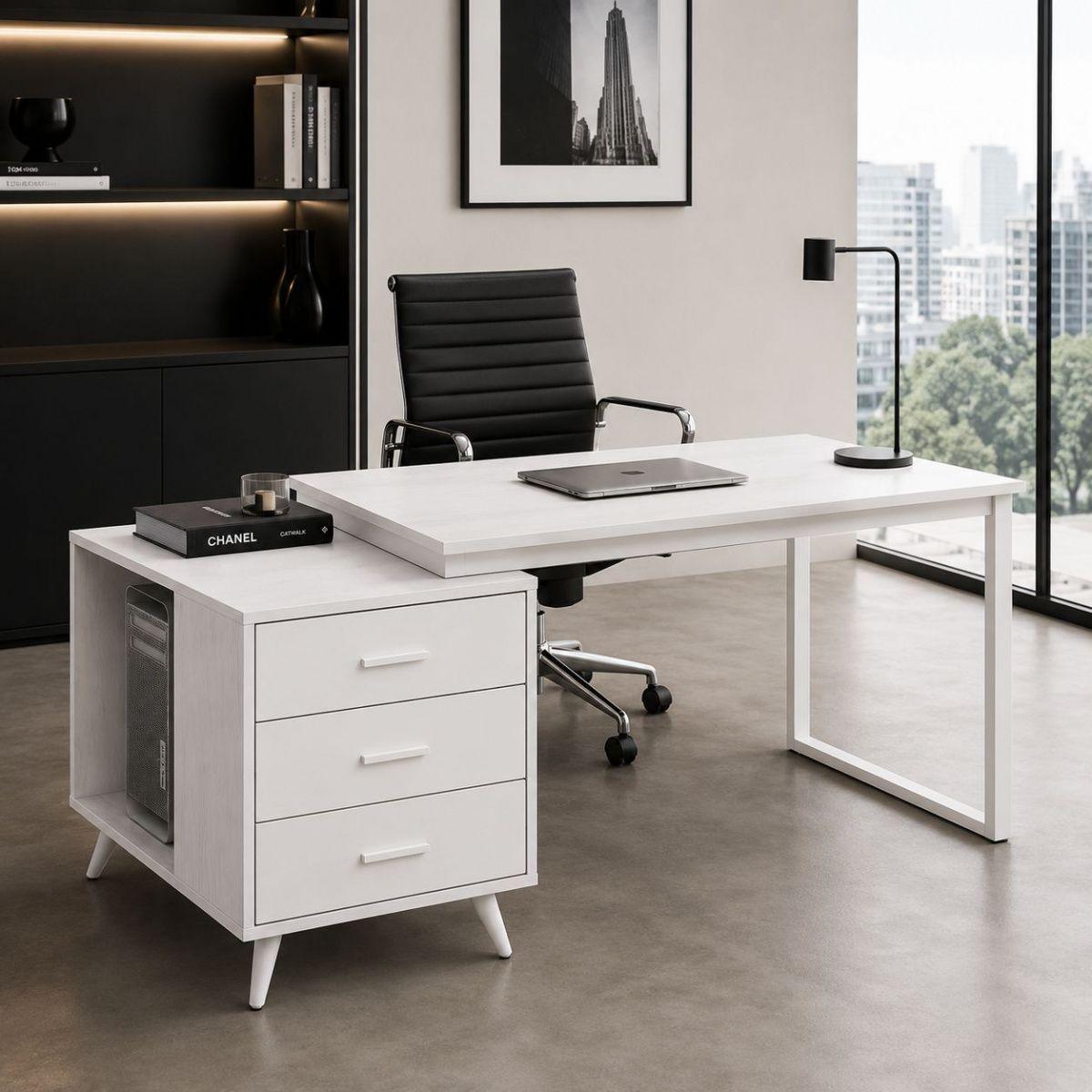 Escritorio de Oficina Atlas Blanco 140 Cm Tres Cajones   -3