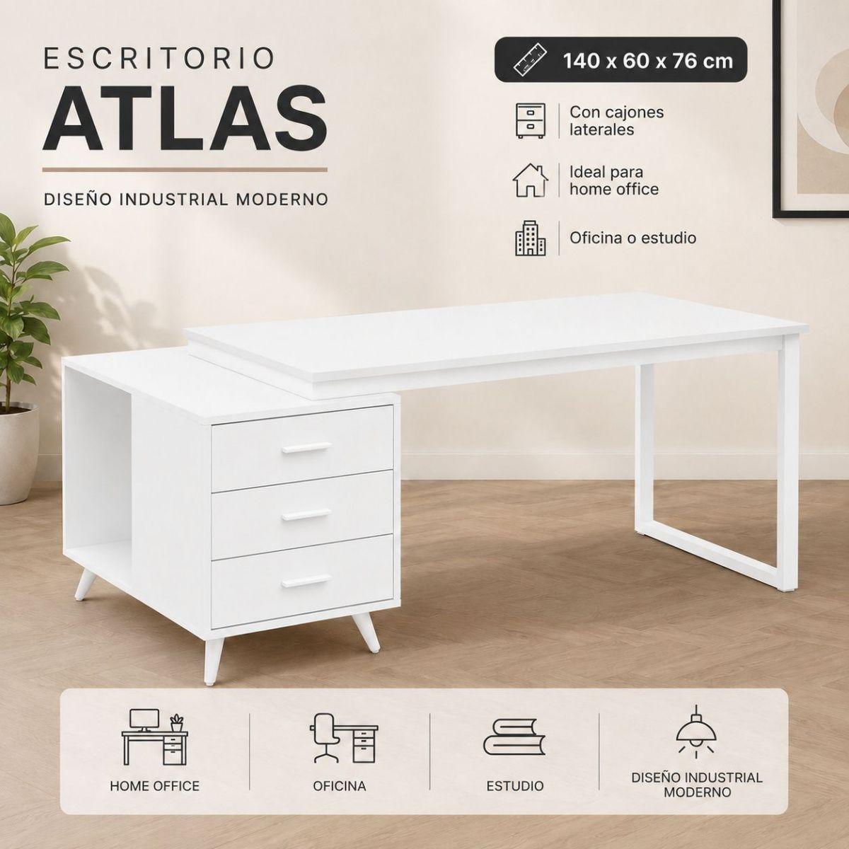 Escritorio de Oficina Atlas Blanco 140 Cm Tres Cajones   -6