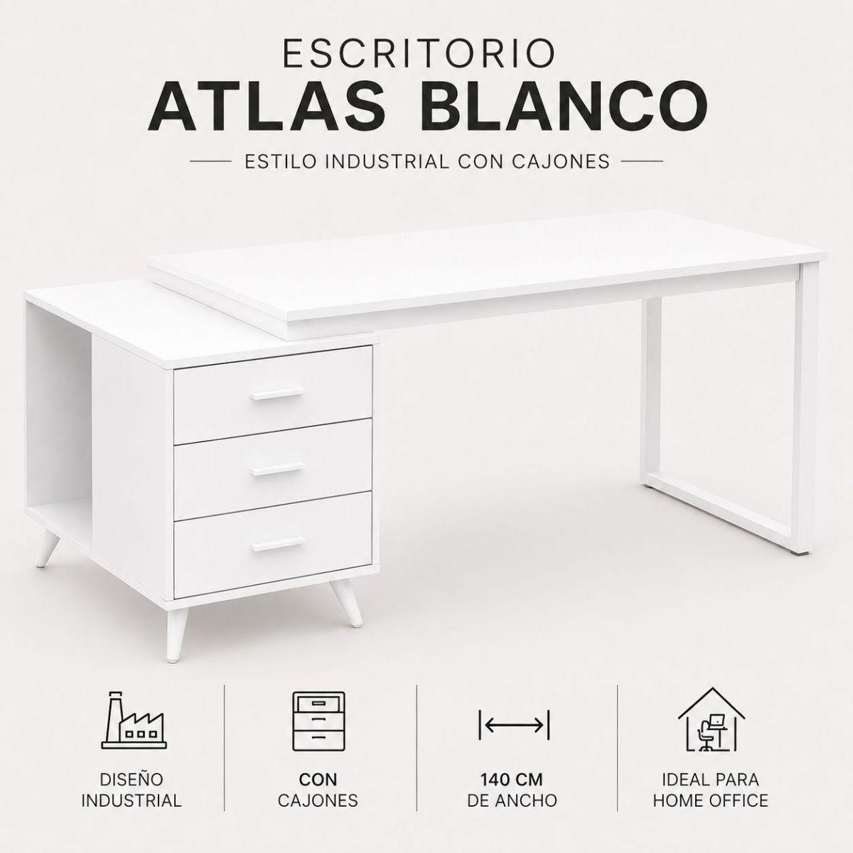 Escritorio de Oficina Atlas Blanco 140 Cm Tres Cajones   -7