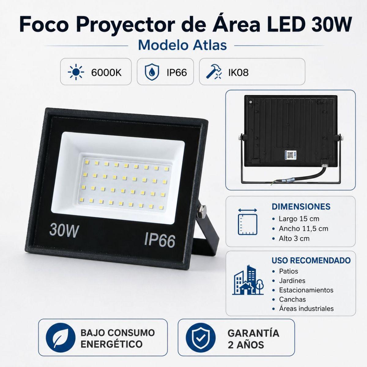 Foco Proyector De Área LED 30W 6000K Atlas IP66 IK08-3