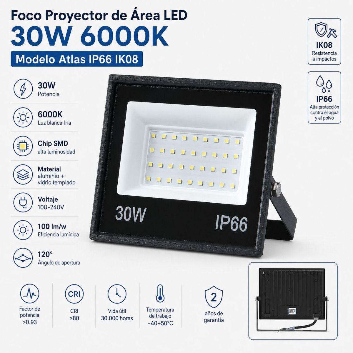Foco Proyector De Área LED 30W 6000K Atlas IP66 IK08-4