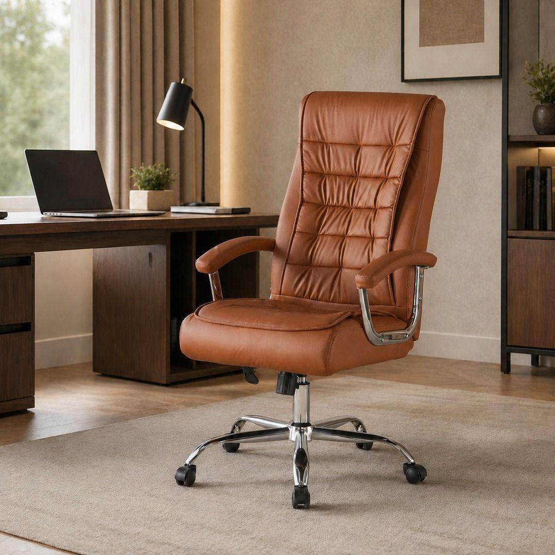 Silla Ejecutiva Magnus Café con Respaldo Alto Acolchado, Ruedas y Base Cromada para Oficina-1