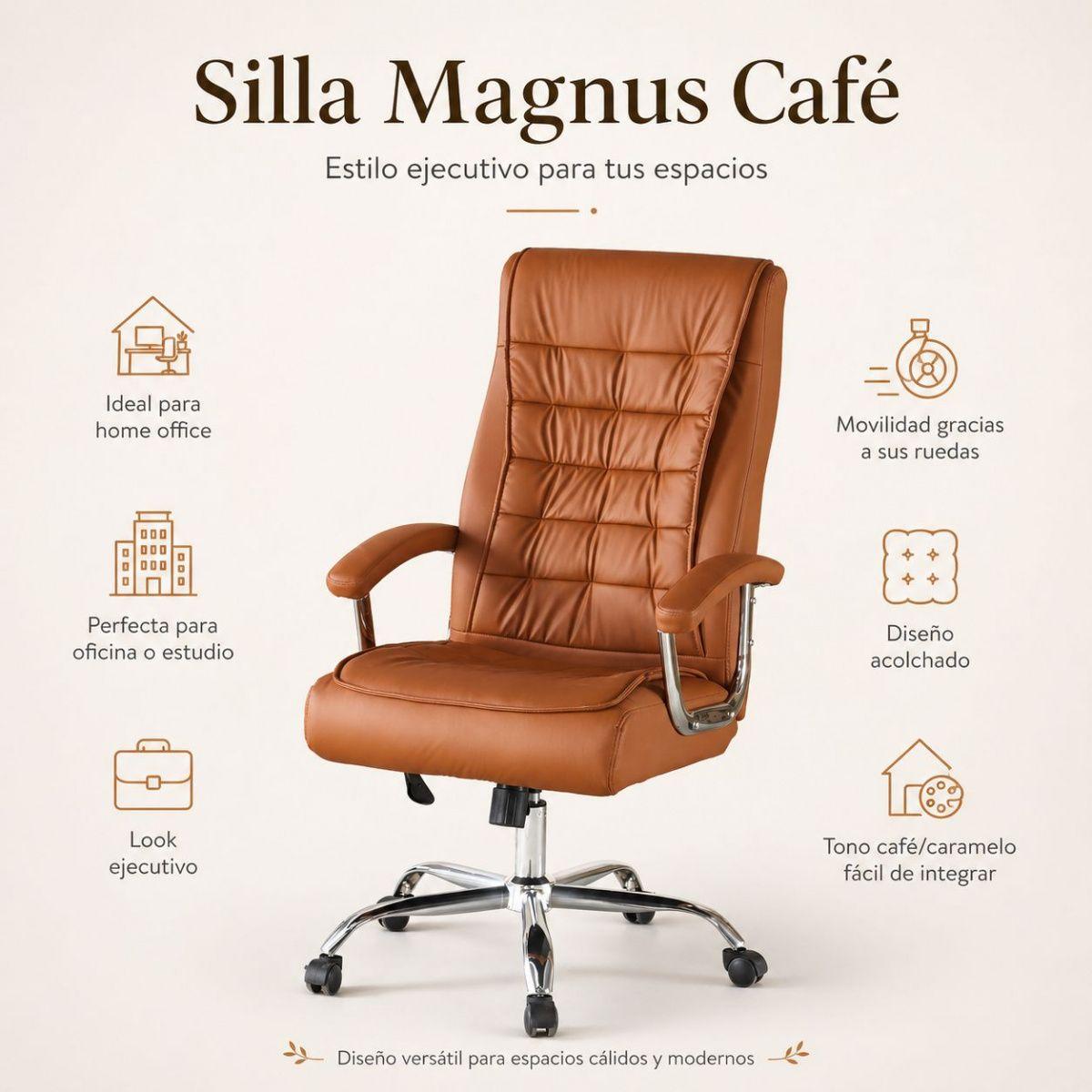 Silla Ejecutiva Magnus Café con Respaldo Alto Acolchado, Ruedas y Base Cromada para Oficina-2