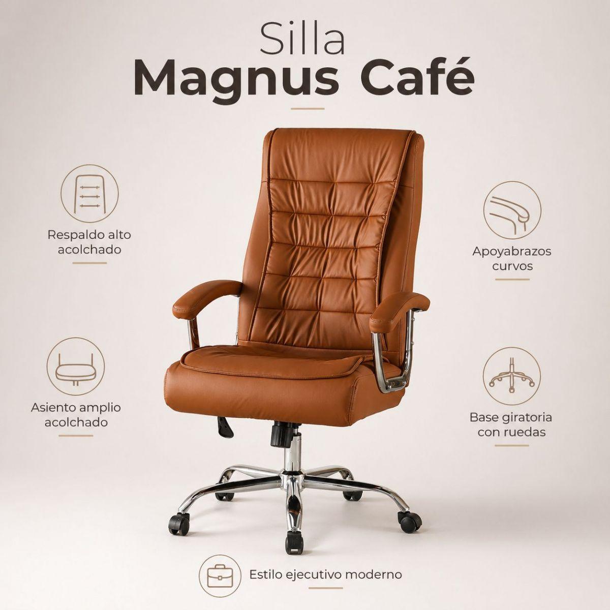 Silla Ejecutiva Magnus Café con Respaldo Alto Acolchado, Ruedas y Base Cromada para Oficina-3
