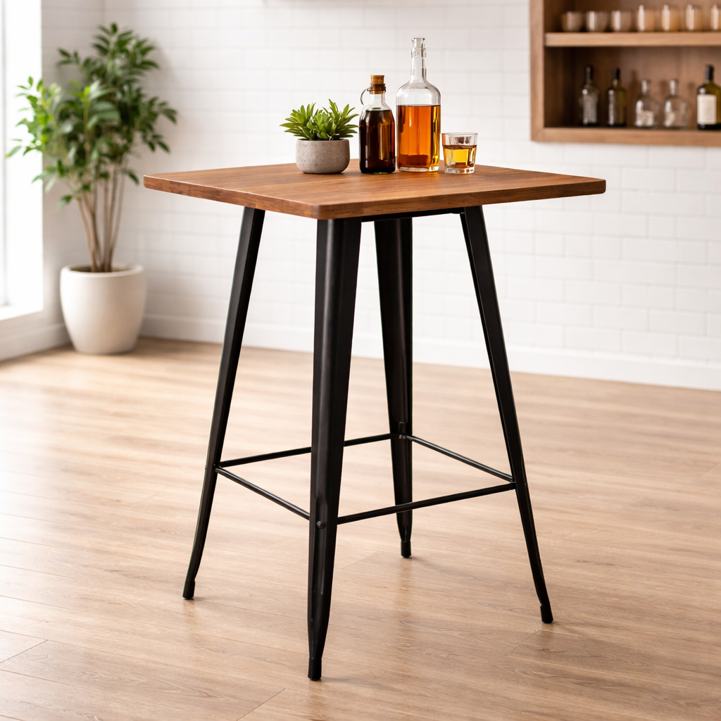 Mesa Alta Bar Negra Industrial Cubierta Madera 60x60x105-4