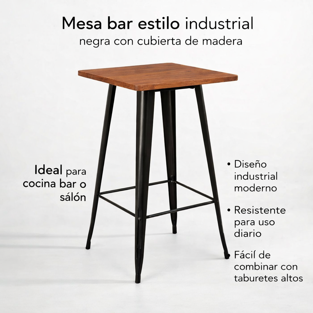 Mesa Alta Bar Negra Industrial Cubierta Madera 60x60x105-5