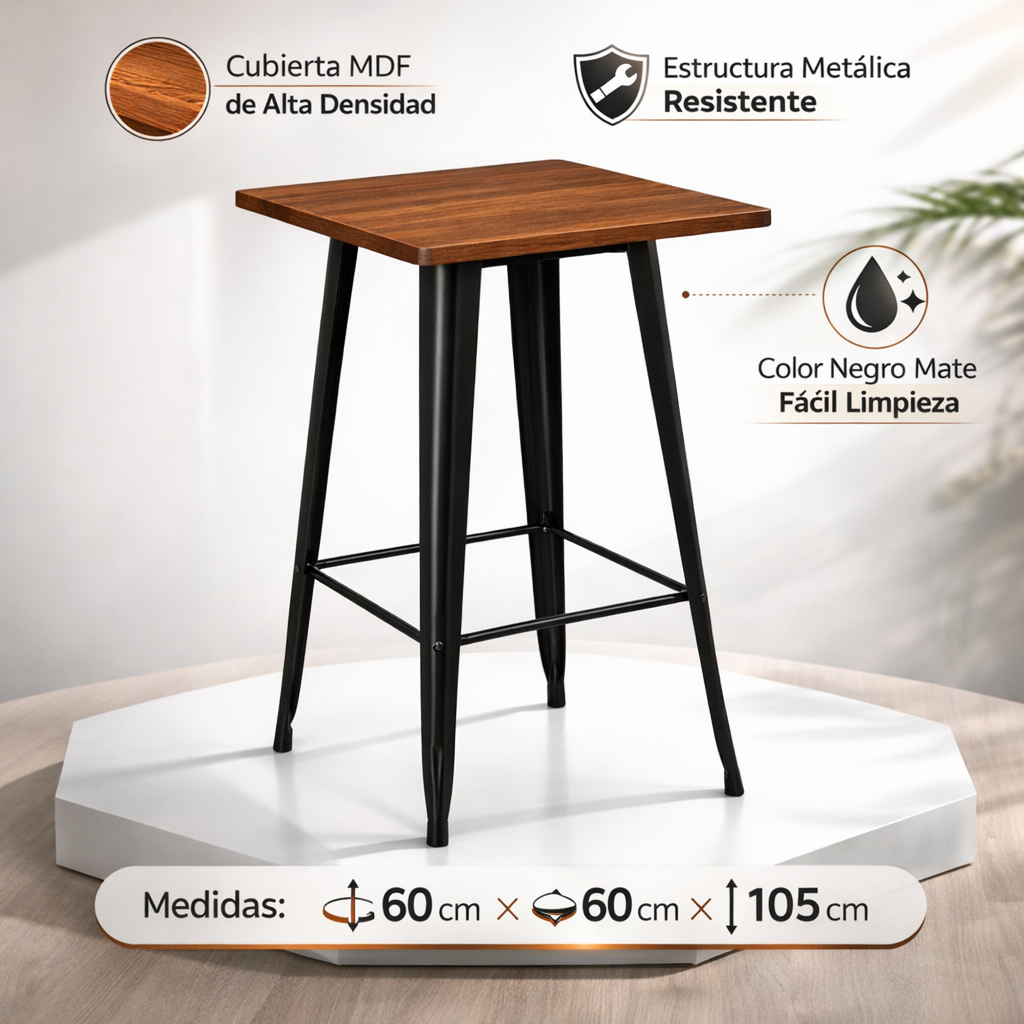 Mesa Alta Bar Negra Industrial Cubierta Madera 60x60x105-6
