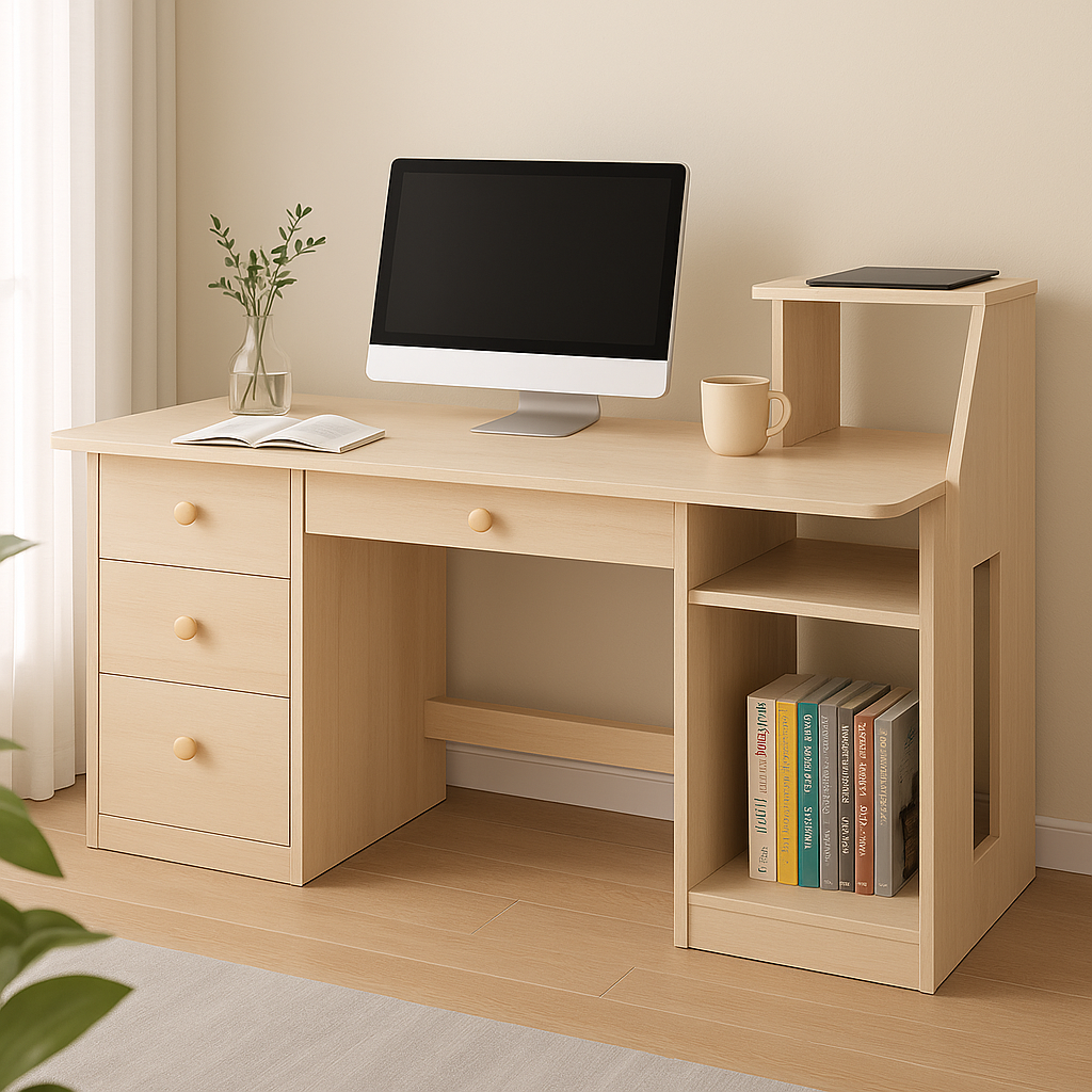 Mesa de Trabajo – Madera Clara, Estructura Negra y 3 Cajones Amplios-2