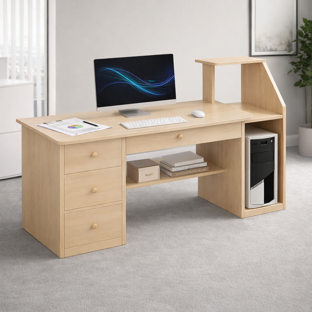 Mesa de Trabajo – Madera Clara, Estructura Negra y 3 Cajones Amplios-5