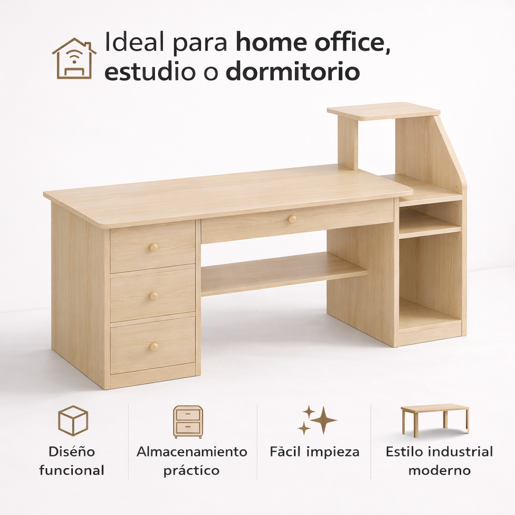 Mesa de Trabajo – Madera Clara, Estructura Negra y 3 Cajones Amplios-6