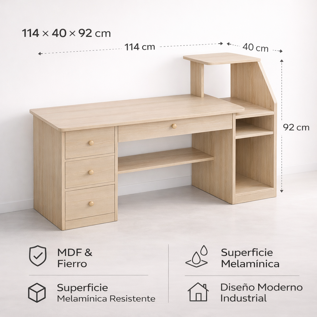 Mesa de Trabajo – Madera Clara, Estructura Negra y 3 Cajones Amplios-7