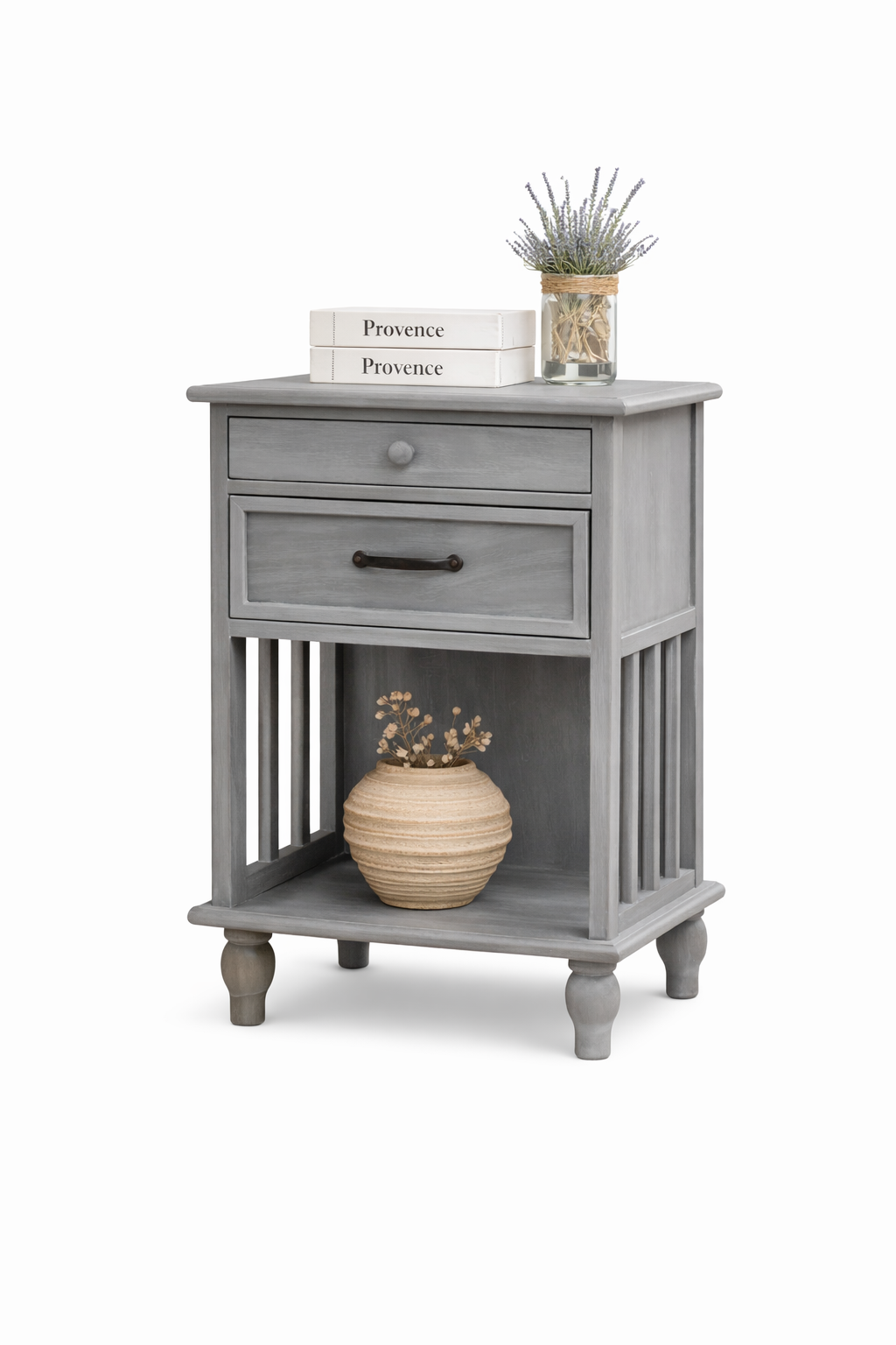 Velador Vintage Gris 2 Cajones Madera Maciza patas torneadas de 10.5 cm-3