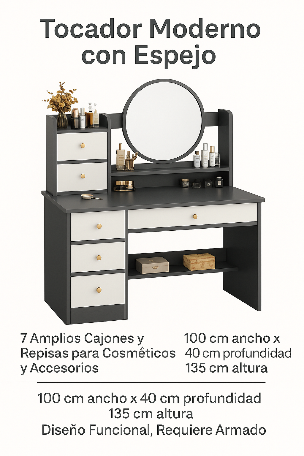 Mueble Tocador Vanity de Maquillaje con 6 Cajones  Estilo Elegante-4