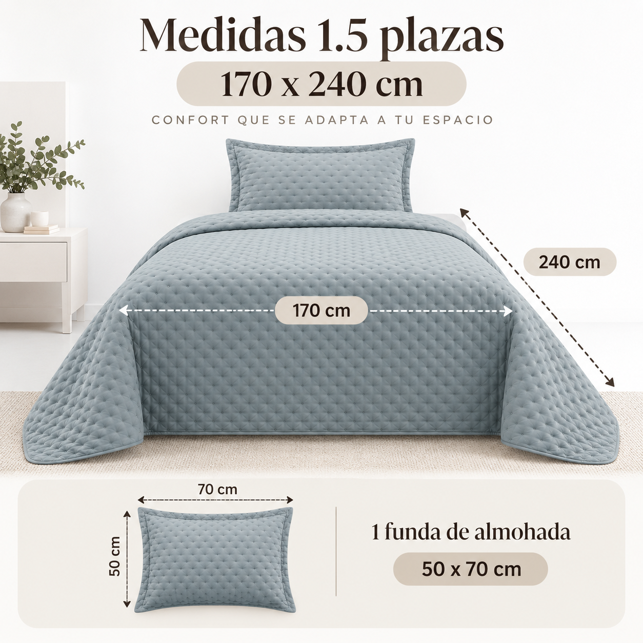 Cubrecama Verano Quilt Deluxe 1.5 P 170x240 Cm Reversible 1 Funda Gris-2