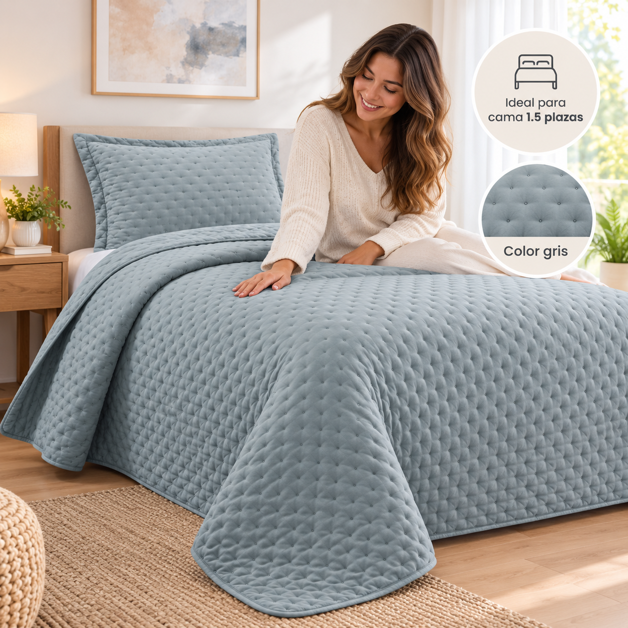 Cubrecama Verano Quilt Deluxe 1.5 P 170x240 Cm Reversible 1 Funda Gris-3