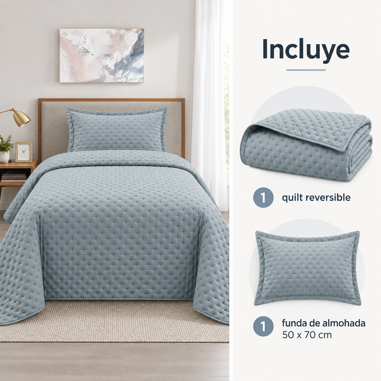Cubrecama Verano Quilt Deluxe 1.5 P 170x240 Cm Reversible 1 Funda Gris-4