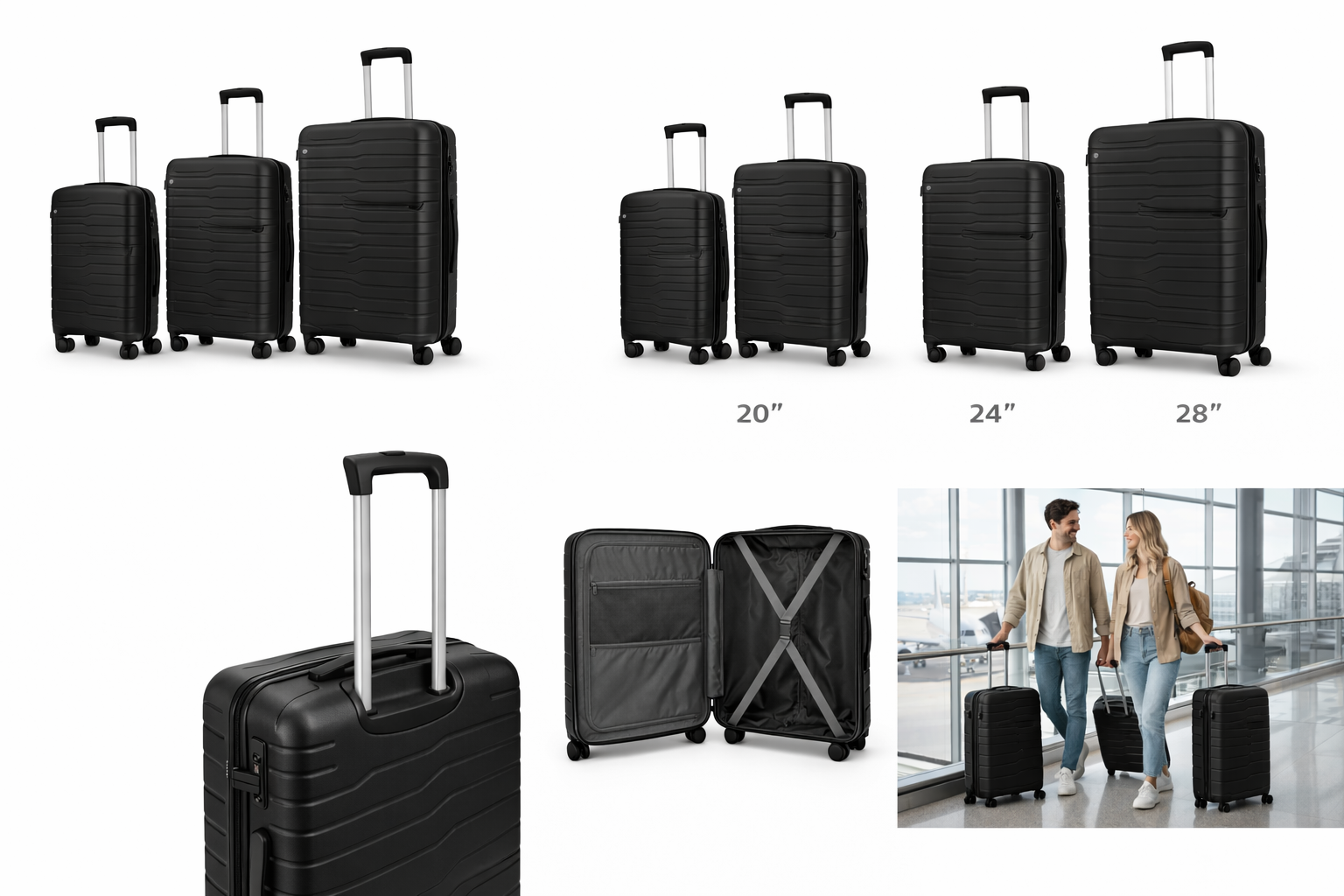 Juego de Maletas PP Alta Resistencia Reforzadas Negra 20-24-28”-7