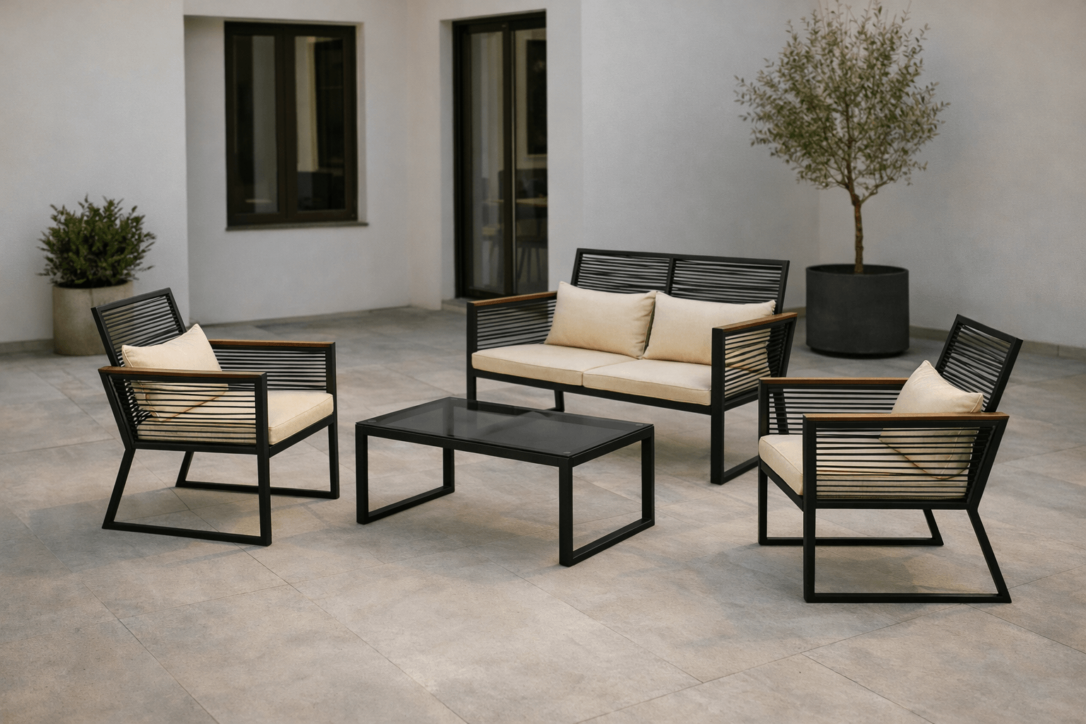 Set de Terraza 4 Piezas Negro con Cojines Beige con Sofá, Sillas y Mesa Vidrio-2