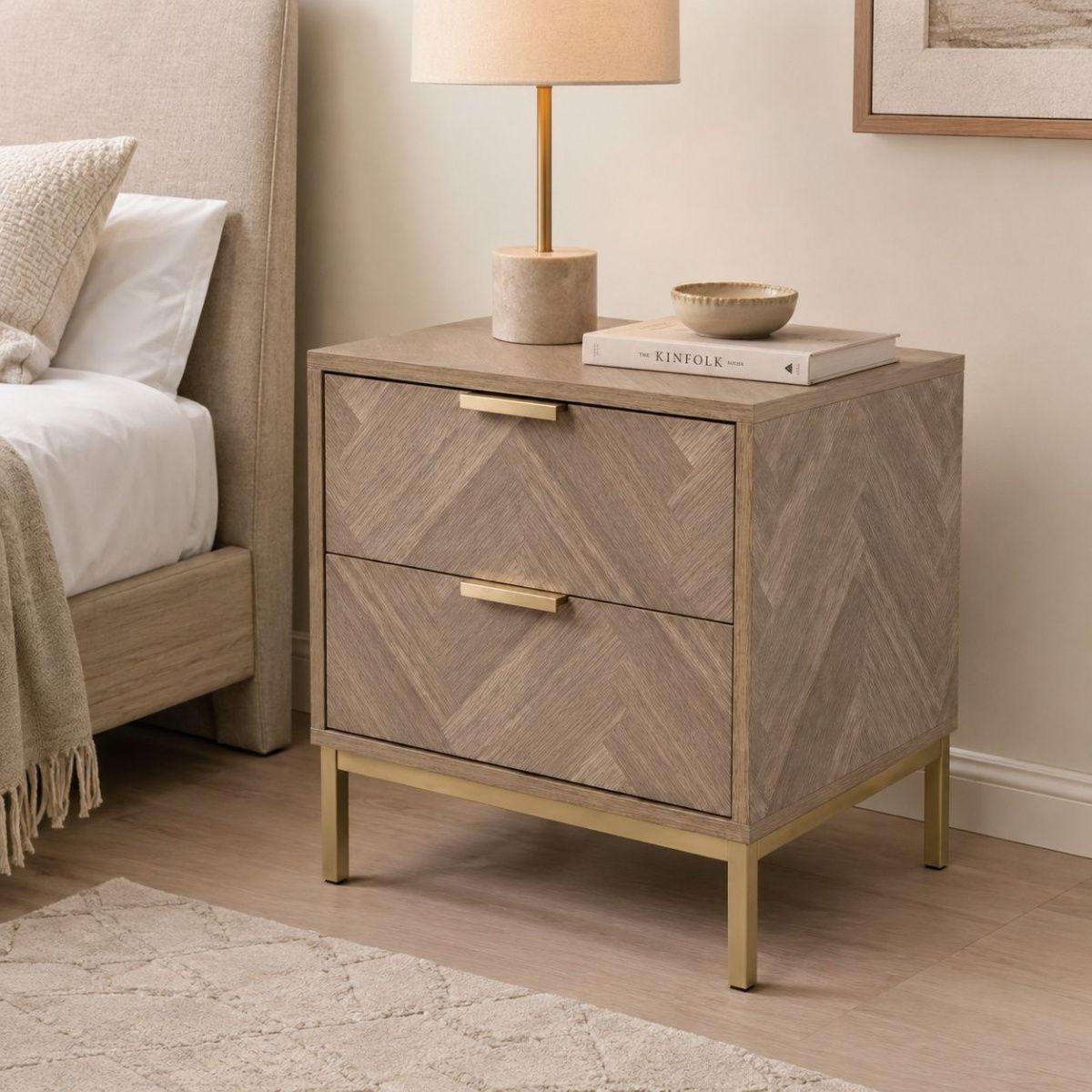Velador Cilius Estilo Moderno Marrón Claro con Estructura Metálica y 2 Cajones-4