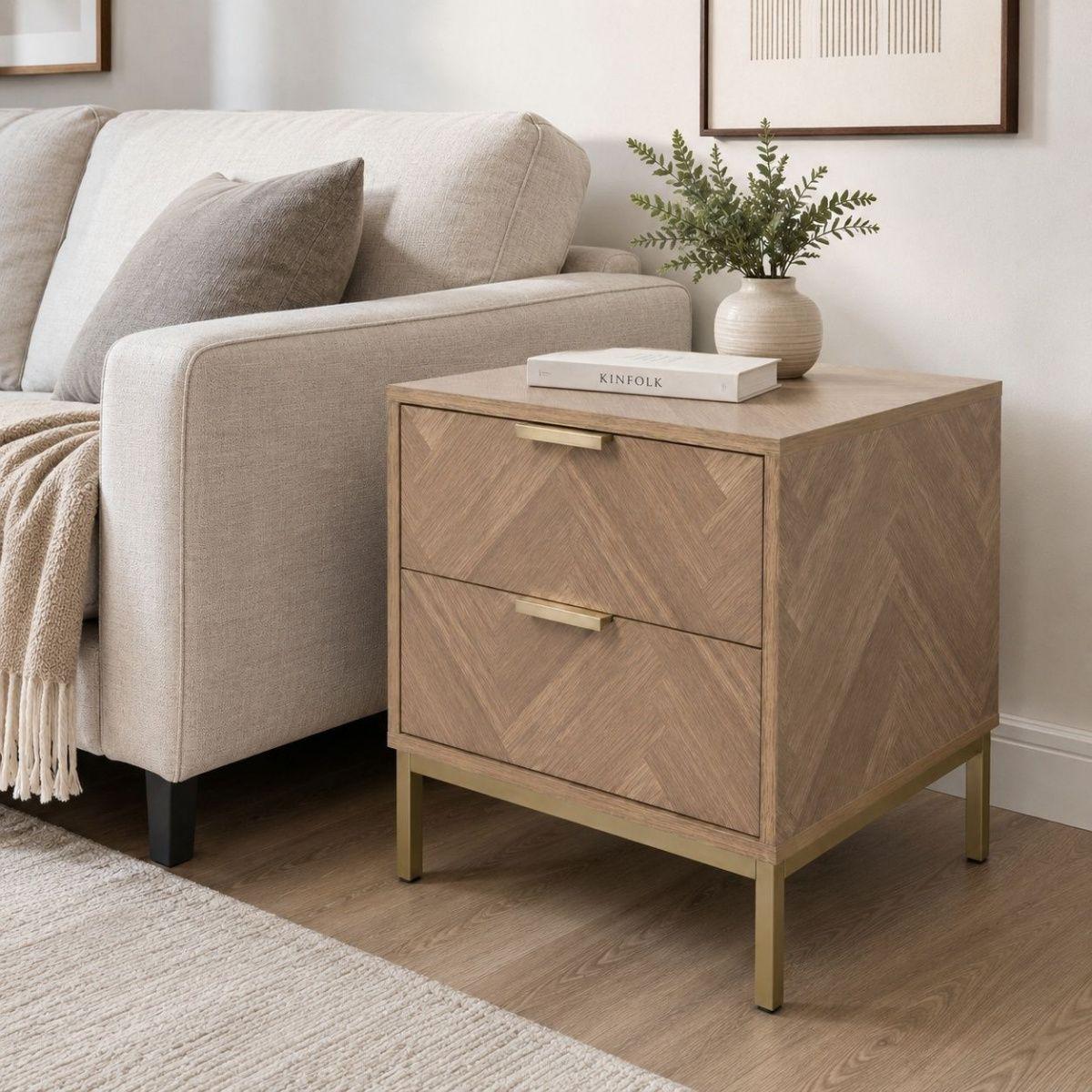 Velador Cilius Estilo Moderno Marrón Claro con Estructura Metálica y 2 Cajones-5