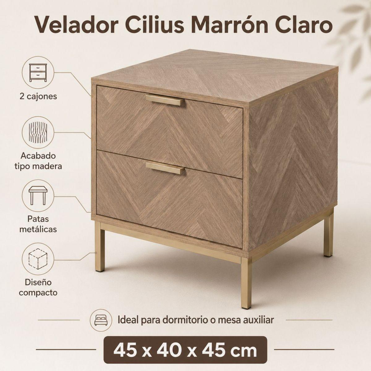 Velador Cilius Estilo Moderno Marrón Claro con Estructura Metálica y 2 Cajones-6