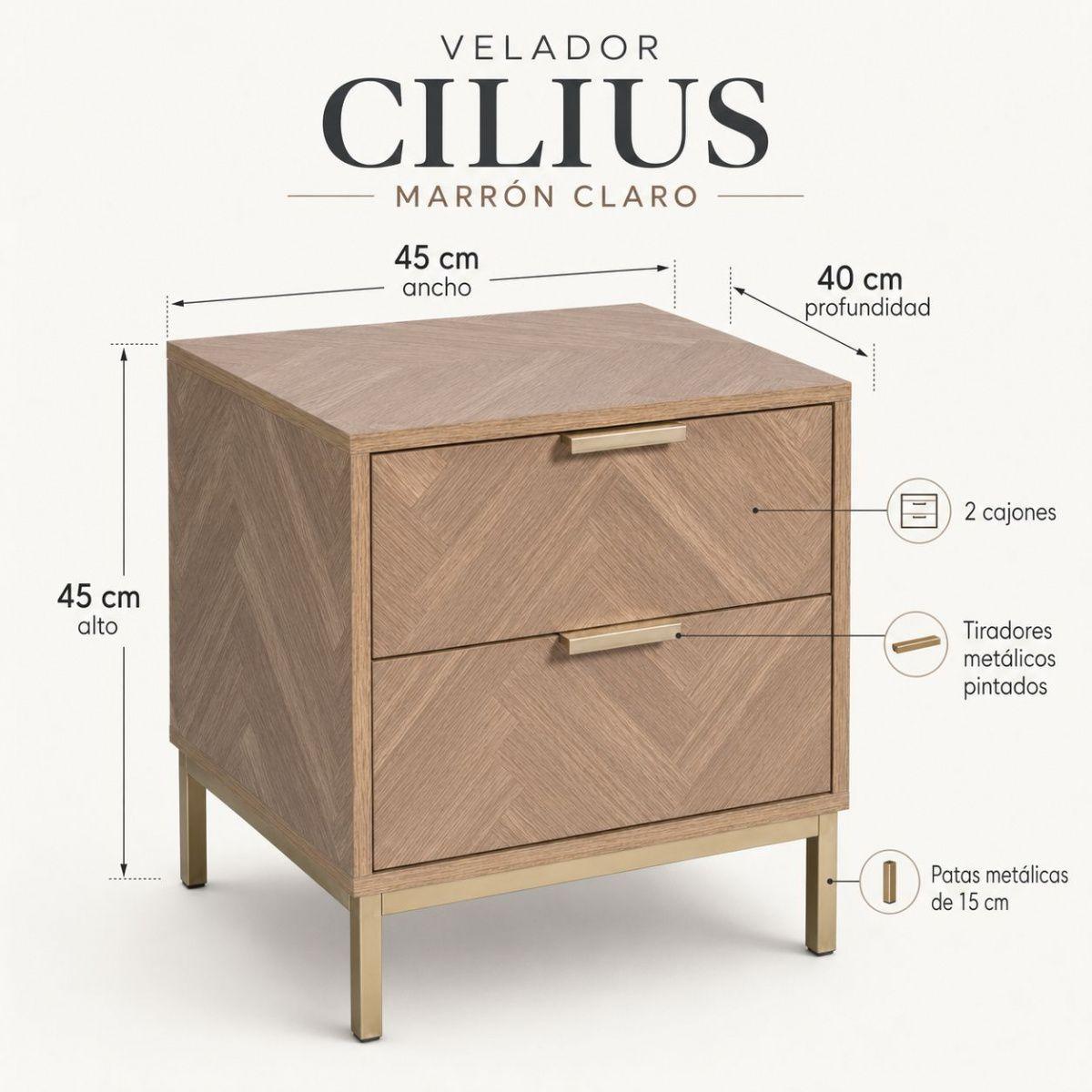 Velador Cilius Estilo Moderno Marrón Claro con Estructura Metálica y 2 Cajones-7