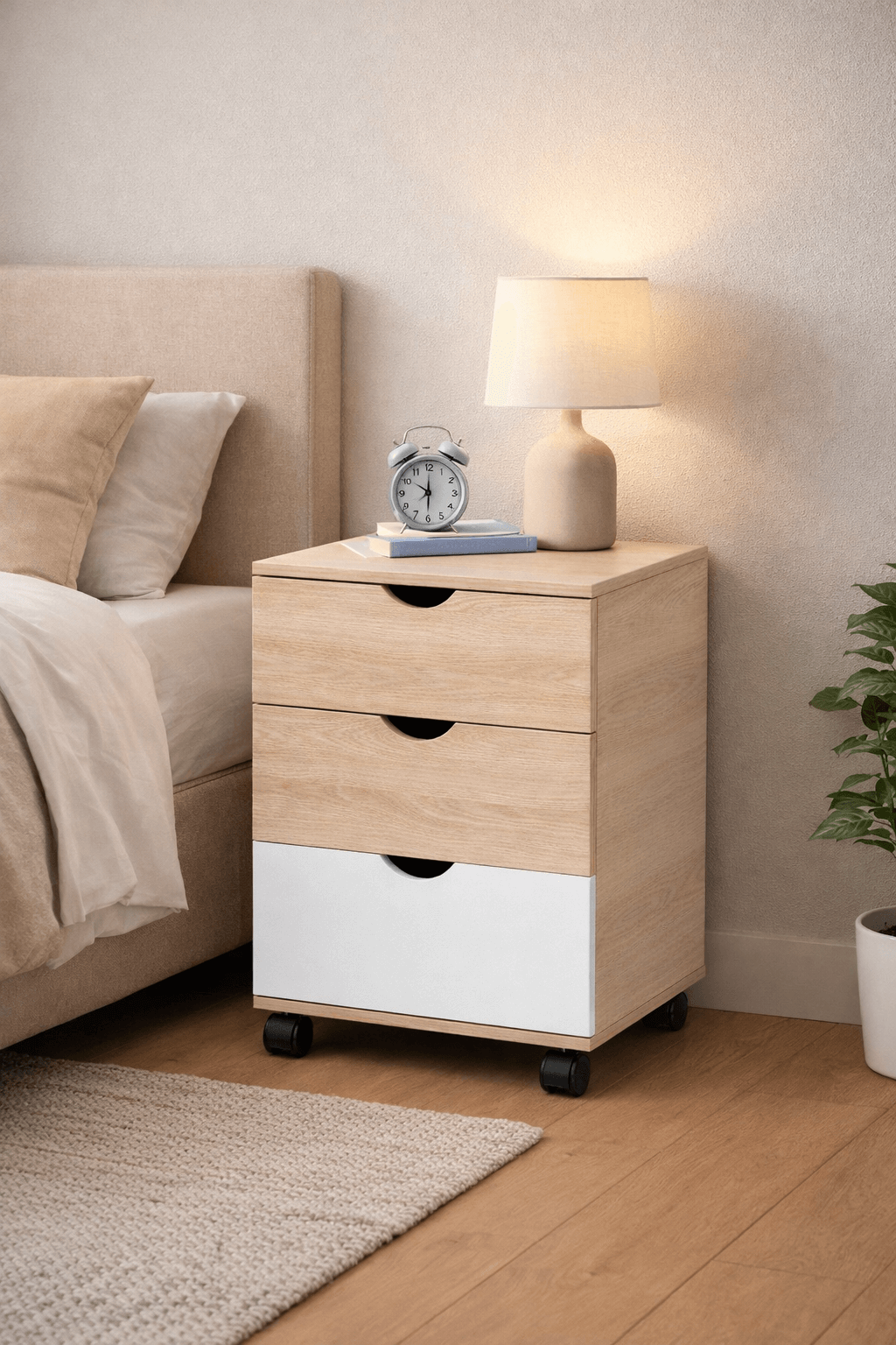 Velador 3 Cajones MDF Madera Clara 45×40×54 cm Reforzado-5