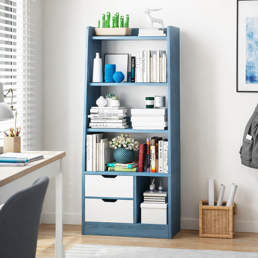 Librero Con Cajones LBF01 Azul Blanco 140x63x30-4