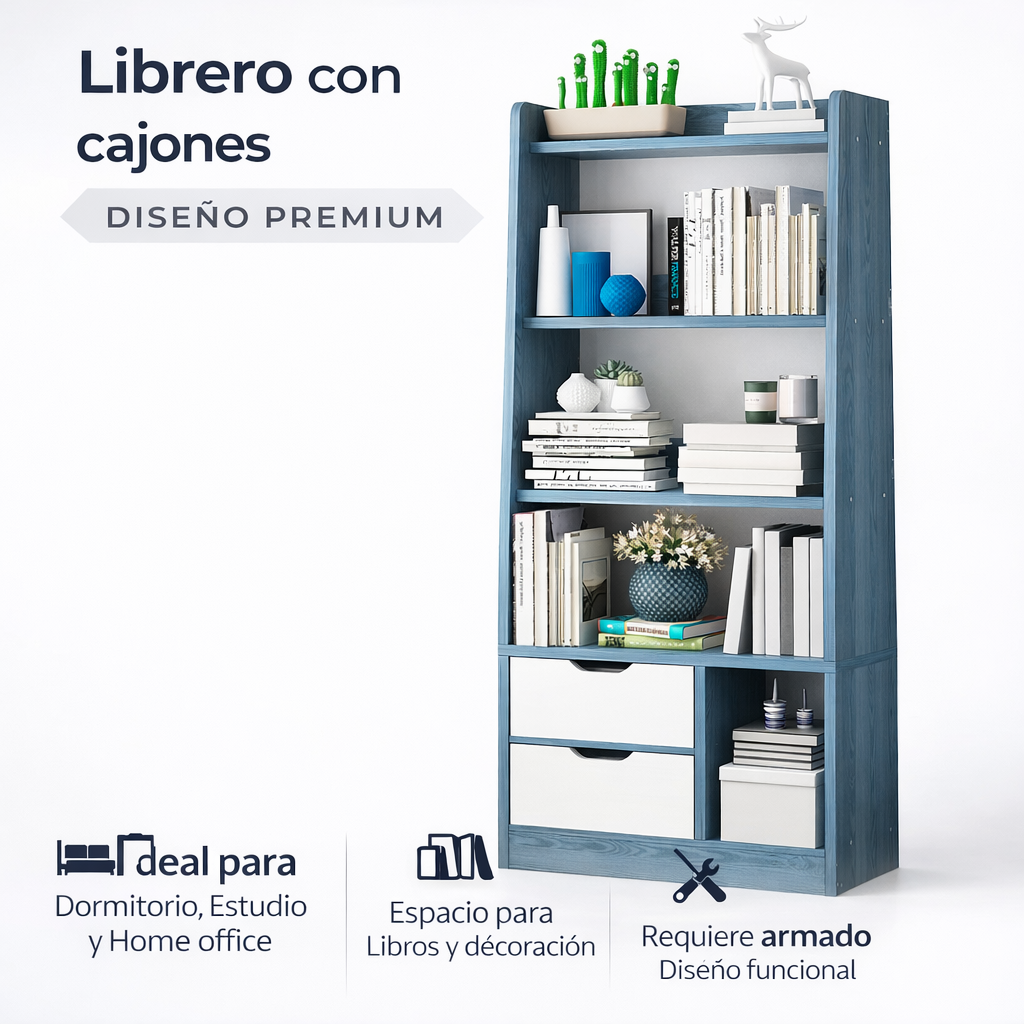 Librero Con Cajones LBF01 Azul Blanco 140x63x30-5