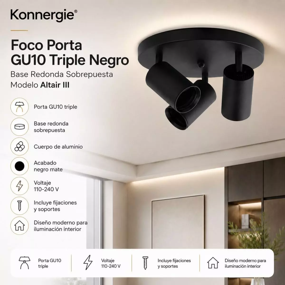 Aplique Triple Negro Mate Base Redonda GU10 Altair III-3