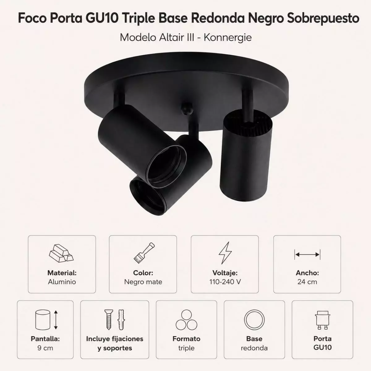Aplique Triple Negro Mate Base Redonda GU10 Altair III-6