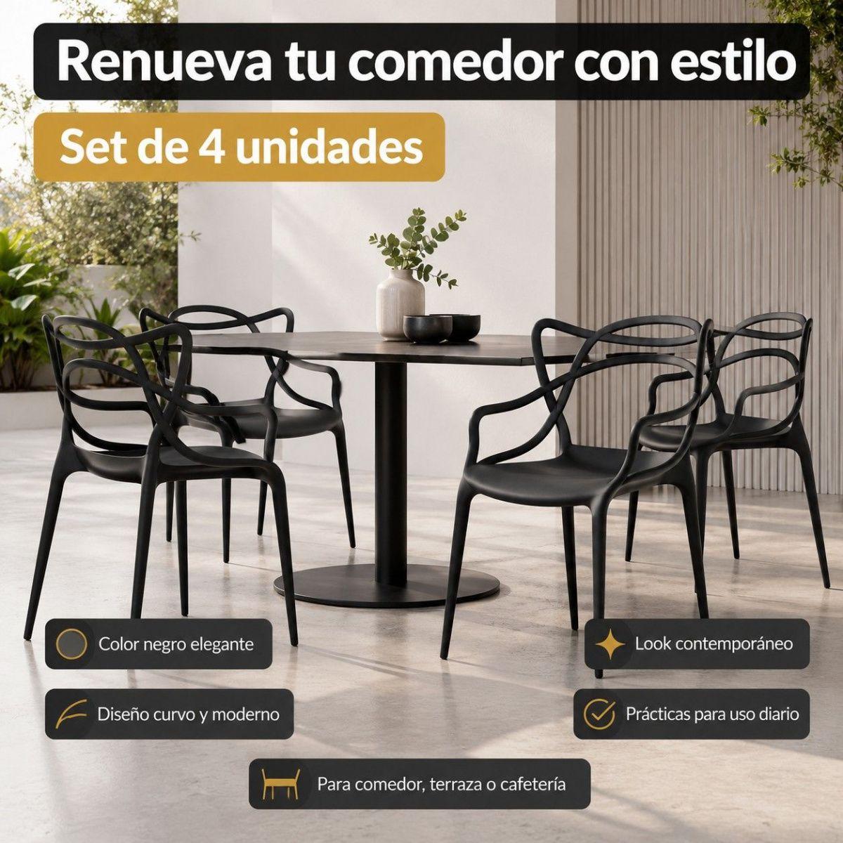 Set de 4 Sillas Negras Hilf para Comedor, Terraza o Cafetería con Diseño Moderno Entrelazado-7