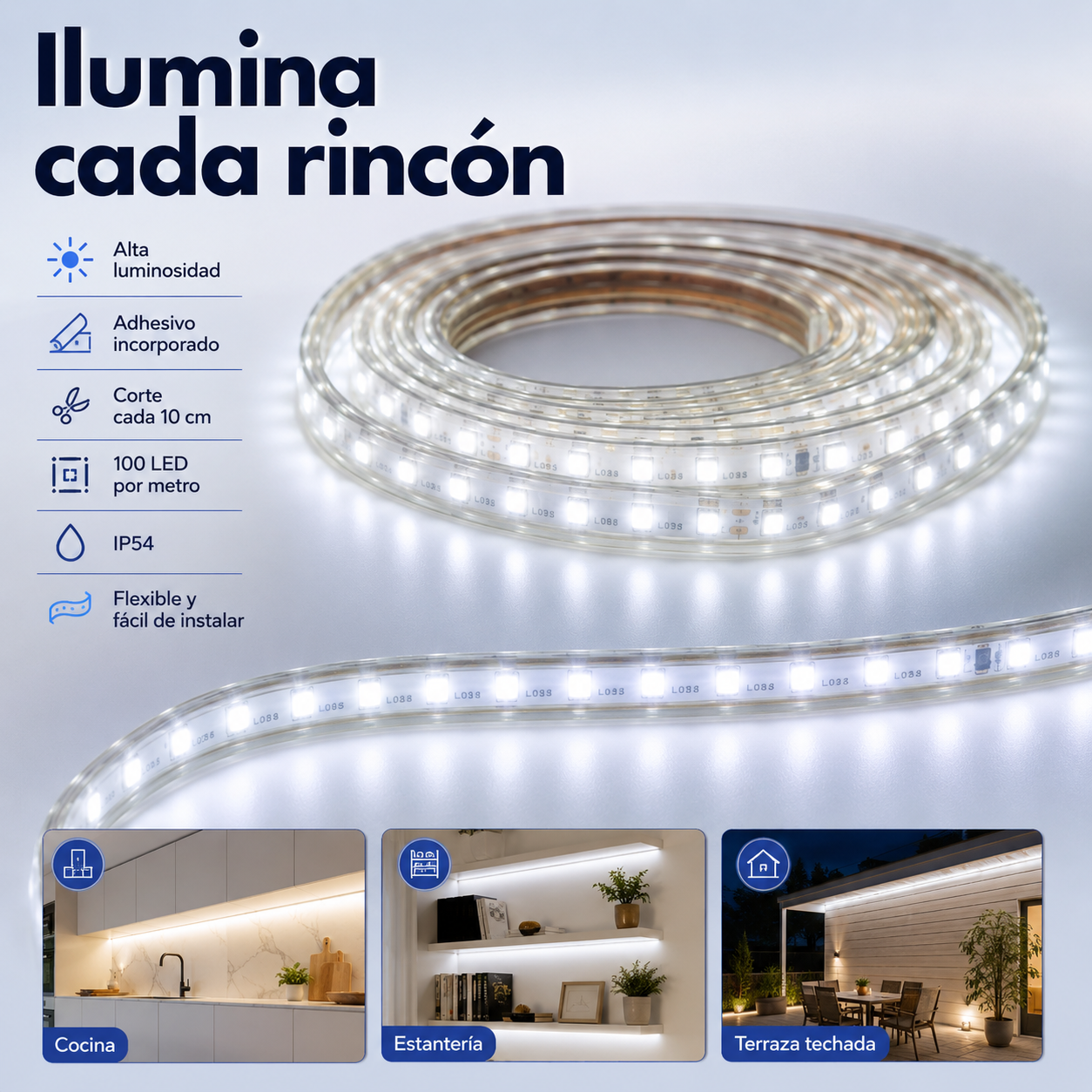 Cinta LED Blanco Frío SMD 2835 con Adhesivo Corte Cada 10 cm-6