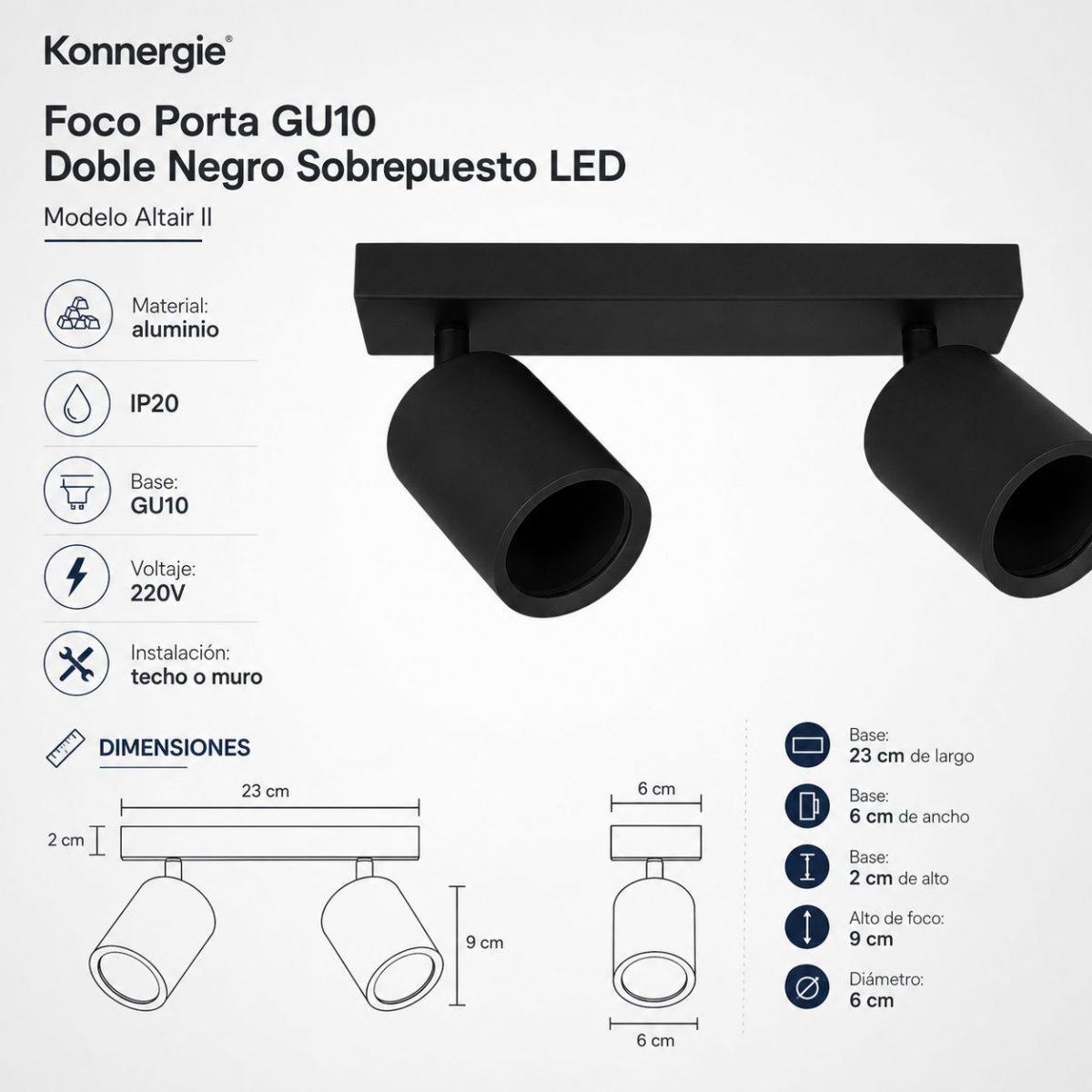 Foco Porta GU10 Doble Negro Sobrepuesto Altair II Konnergie-6